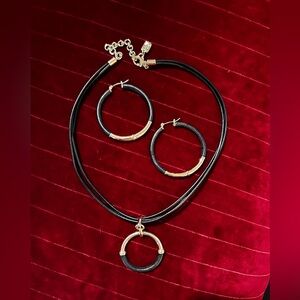 Ralph Lauren Elegant Black leather and Goldtone Necklace and Earring Set.